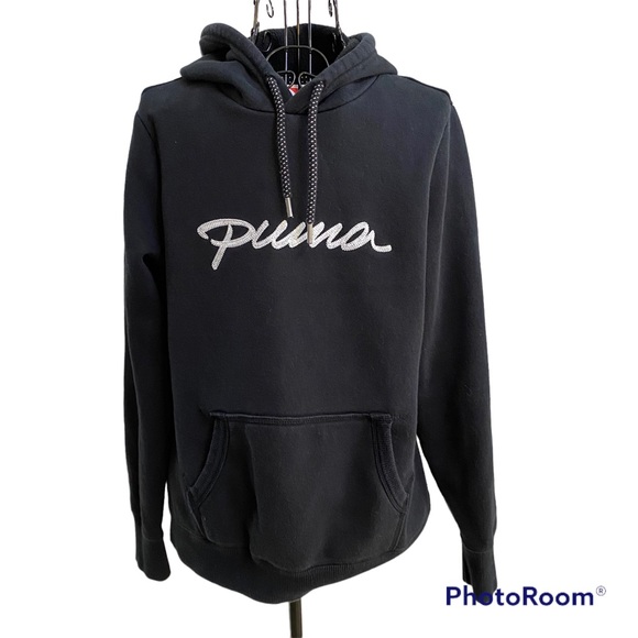 Puma Fleece Lined Embroidered Script Logo Black Kangaroo Pocket Hoodie Size M - Picture 1 of 9